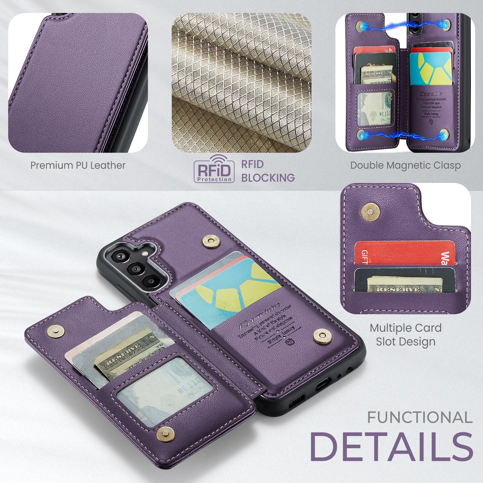 For Samsung Galaxy A16 5G / A16 4G Case CASEME C22 Series Leather+TPU Cover RFID Blocking 5 Card Slots - Purple For Samsung Galaxy A16 5G / A16 4G Case CASEME C22 Series Leather+TPU Cover RFID Blocking 5 Card Slots - Purple